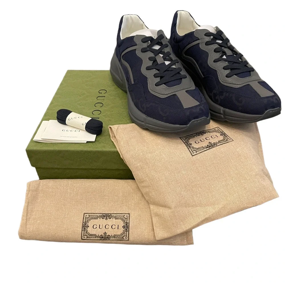 GUCCI GG Supreme Rhython Sneakers Navy Blue Gray Canvas Men's 11 | US 11.5 New